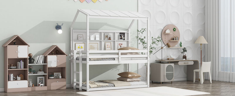 House Loft Bed With Guardrails, Semi-Enclosed Roof, Bedside Shelves And Ladder