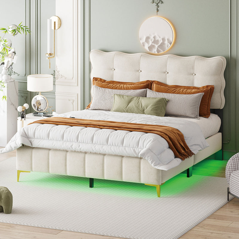 Queen Size Velvet Platform Bed with LED Frame and Stylish Mental Bed Legs, Beige