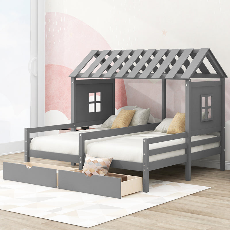 Twin Size House Platform Beds with Two Drawers for Boy and Girl Shared Beds, Combination of 2 Side by Side Twin Size Beds, Gray(old sku: GX000927AAE)