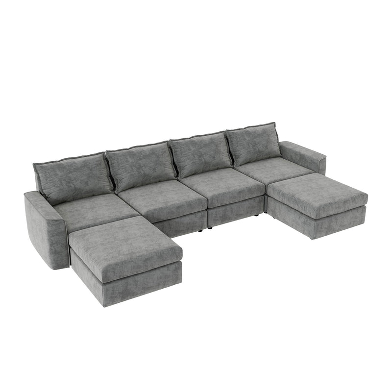 Chenille Modular Sectional Sofa, U Shaped Reversible Couch, Free Combination, 6 Seat Sleeper Sofa Bed With Ottoman, Convertible Oversized Indoor Furniture - Gray