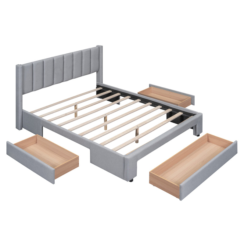 Queen Size Upholstered Platform Bed with One Large Drawer in the Footboard and Drawer on Each Side,Gray