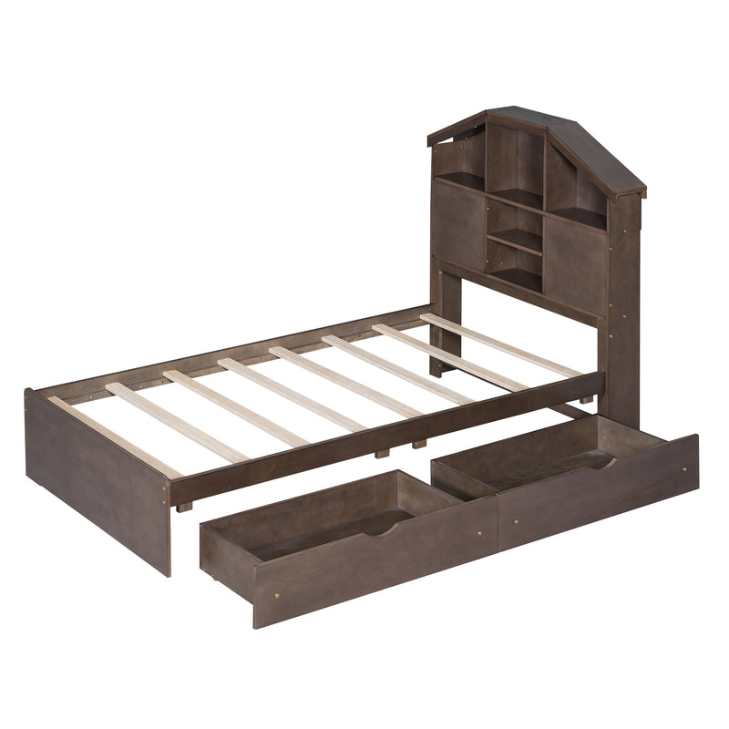 Twin Size Wood Platform Bed with House-shaped Storage Headboard and 2 Drawers, Walnut