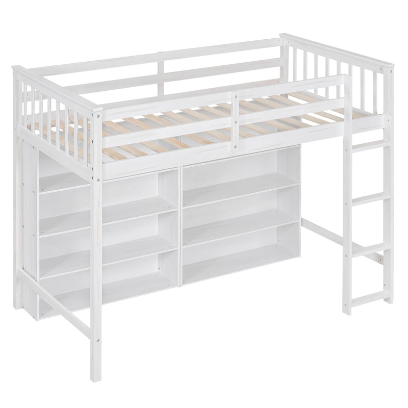 Twin Size Loft Bed with 8 Open Storage Shelves and Built-in Ladder, White