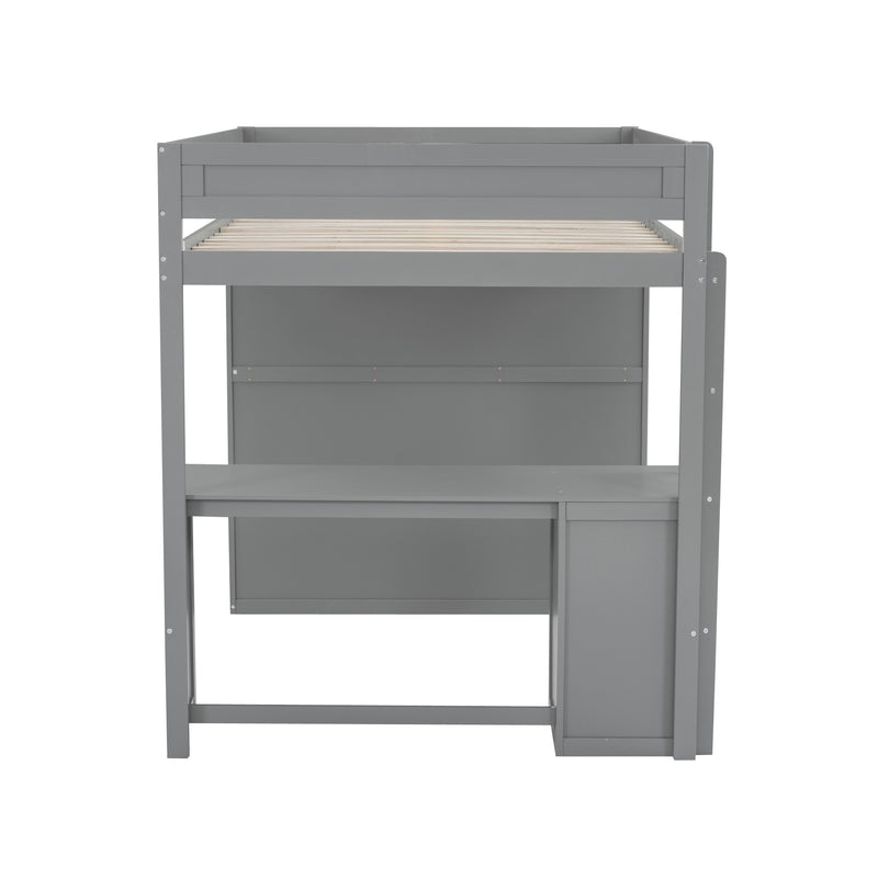 Wood Full Size Loft Bed with Wardrobes and 2-Drawer Desk with Cabinet, Gray