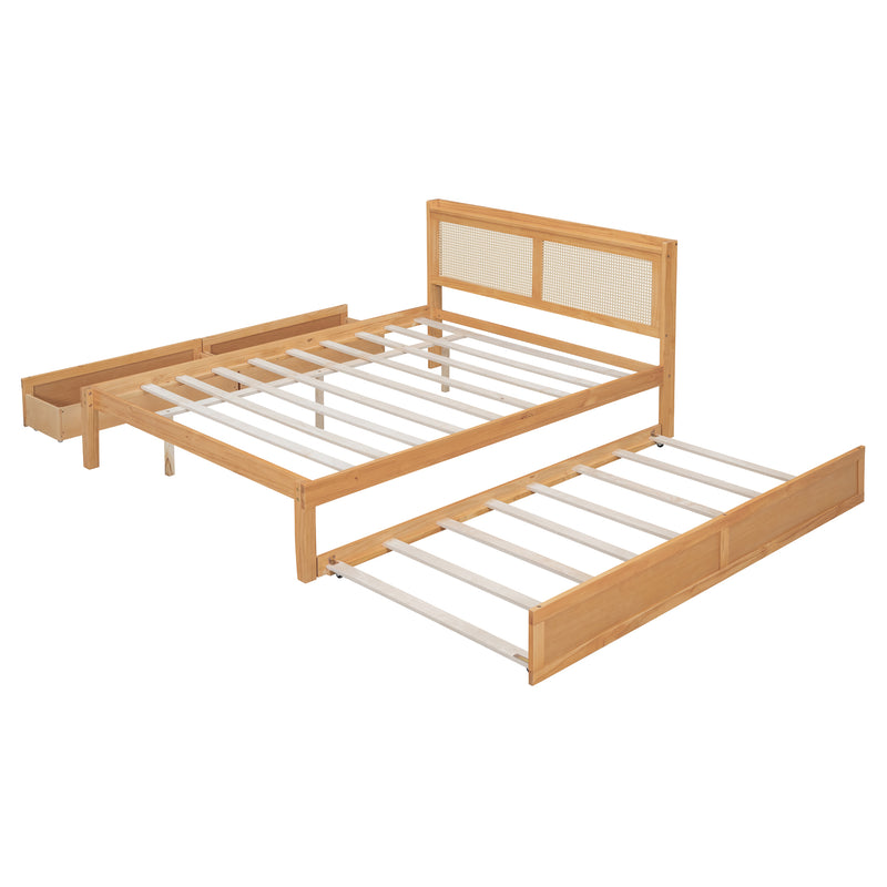 Queen Size Elegant Bed Frame with Rattan Headboard and Sockets ,Walnut