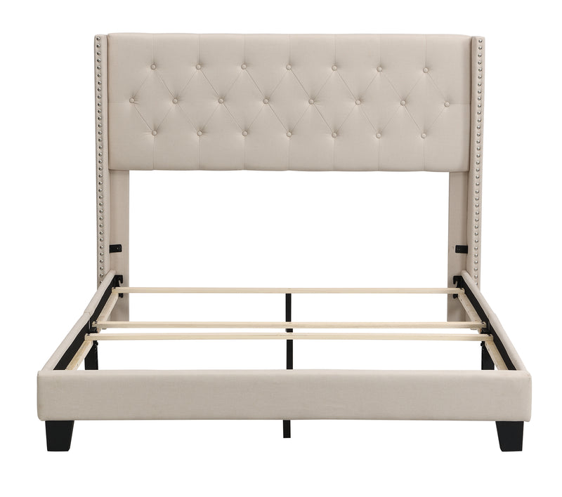 Upholstered Platform Bed with Classic Headboard, Box Spring Needed, Beige Linen Fabric, Queen Size