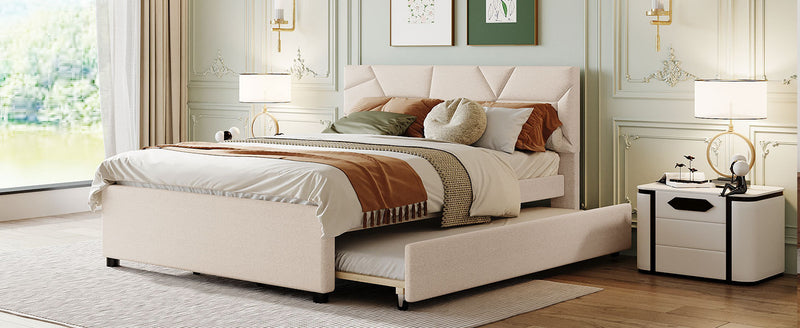 Queen Size Upholstered Platform Bed with Brick Pattern Headboard and Twin XL Size Trundle, Linen Fabric, Beige