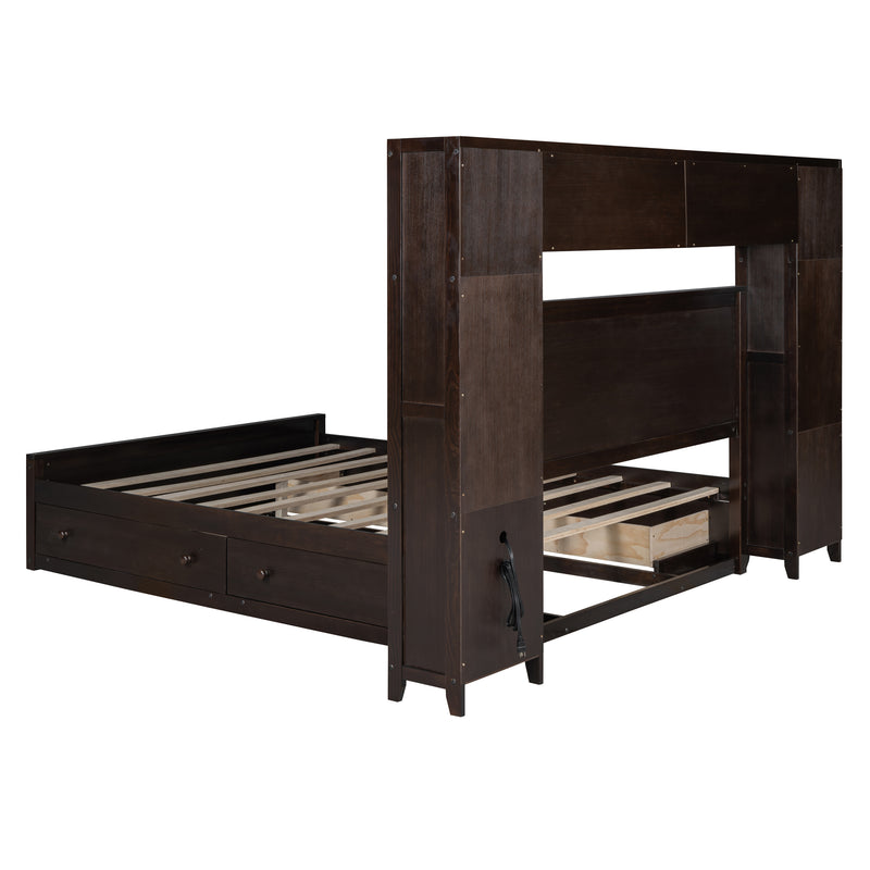 Queen Size Wooden Bed With All-in-One Cabinet, Shelf and Sockets, Espresso