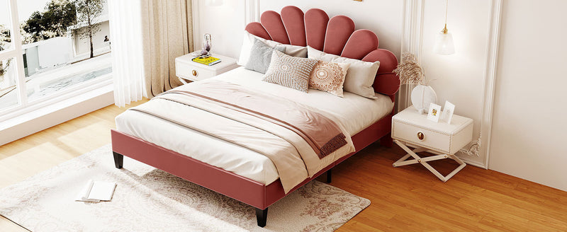 Queen Size Upholstered Platform Bed with Flower Pattern Velvet Headboard, Bean Paste Red