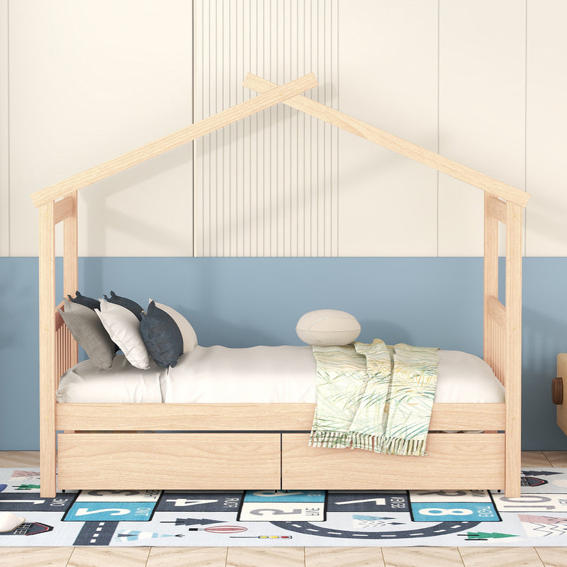 Twin Size Wooden House Bed with Drawers, Natural