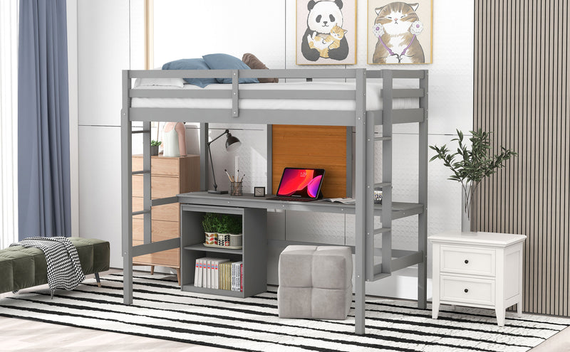 Twin size Loft Bed with Desk and Writing Board, Wooden Loft Bed with Desk & 2 Drawers Cabinet- Gray