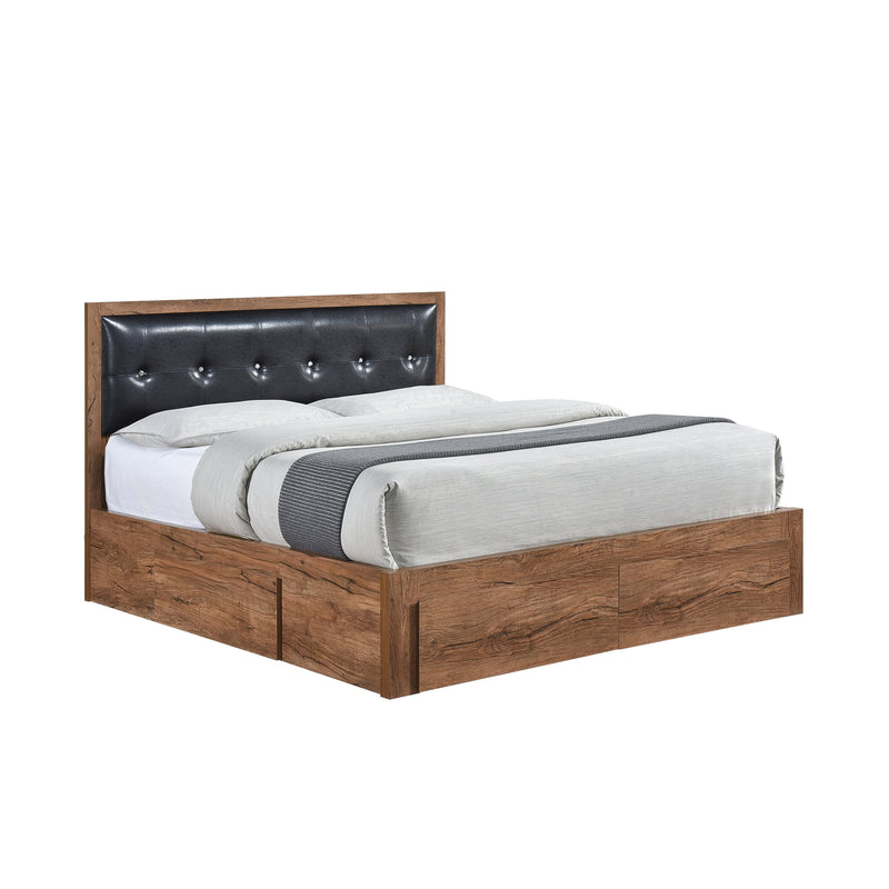 Queen Size Wood Platform Bed with Upholstered Headboard and 4 Drawers