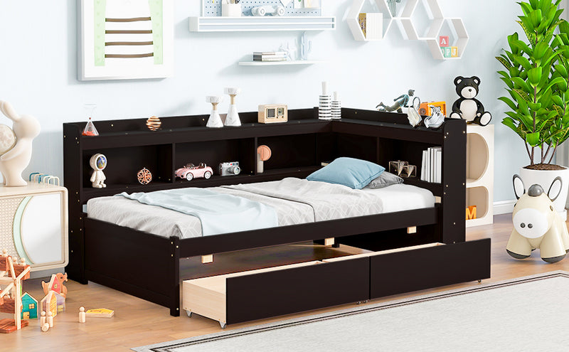 Twin Bed with L-shaped Bookcases,Drawers,Espresso