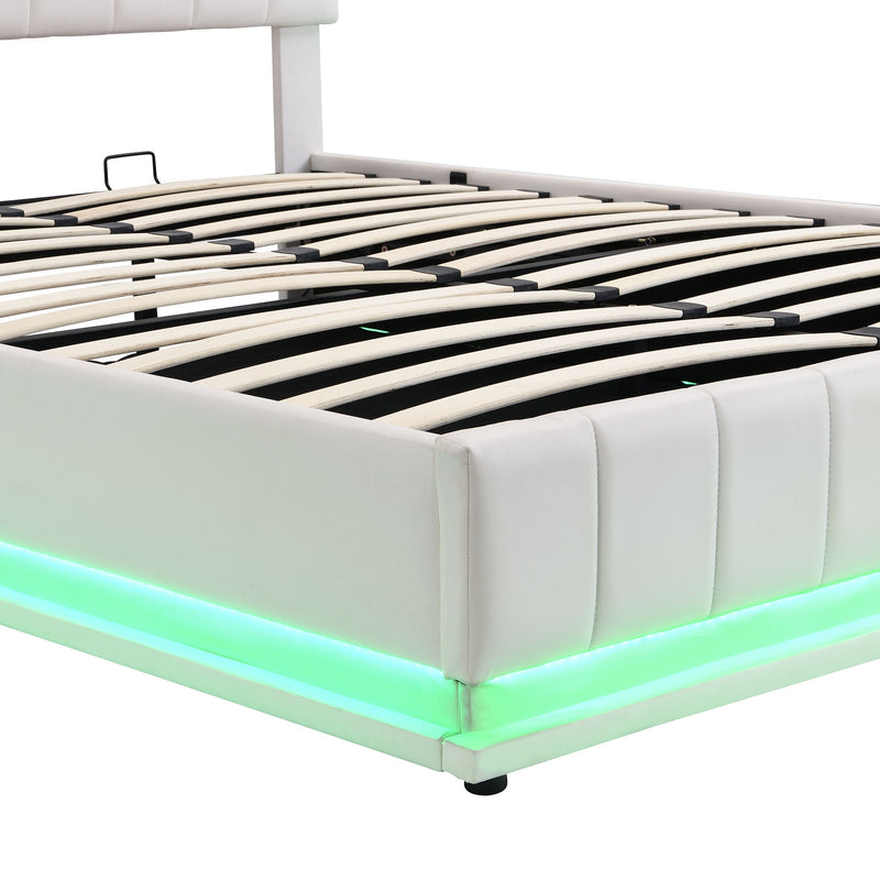 Queen Size Upholstered Bed With Hydraulic Storage System And LED Light, Modern Platform Bed With Sockets And USB Ports