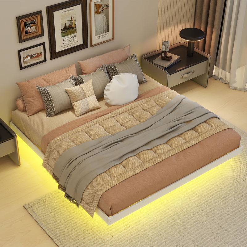 Floating Bed With Led Lights Underneath, Modern Queen Size Low Profile Platform Bed With Led Lights