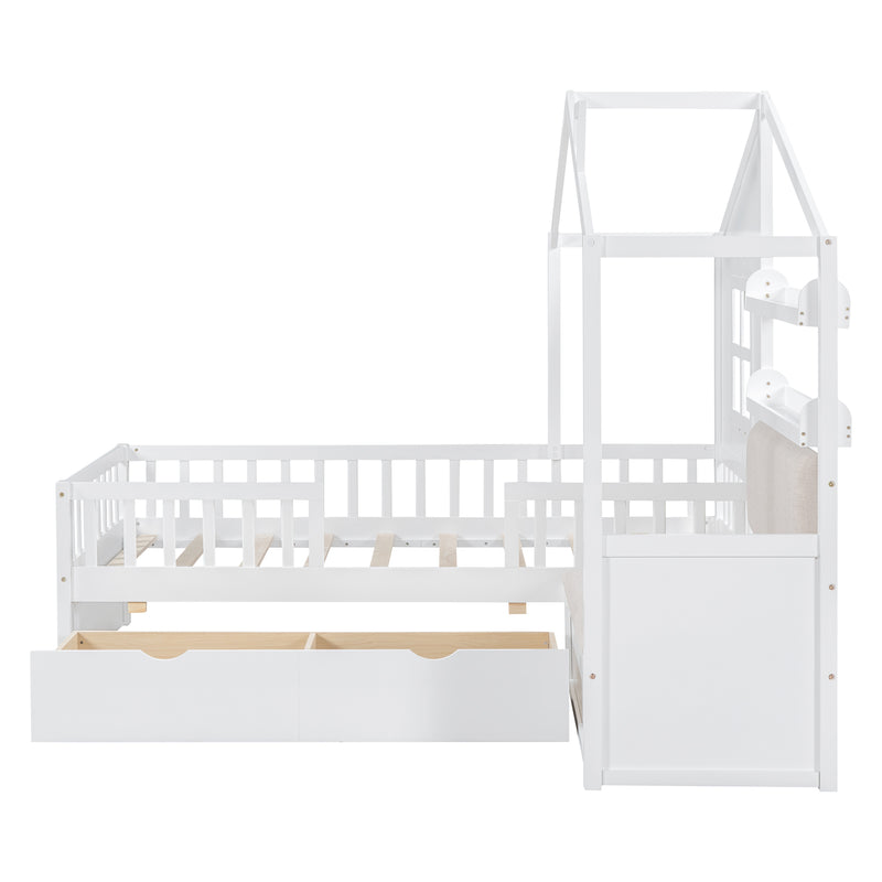 Twin Size House Bed with Sofa, Kids Platform Bed with Two Drawers and Storage Shelf, White