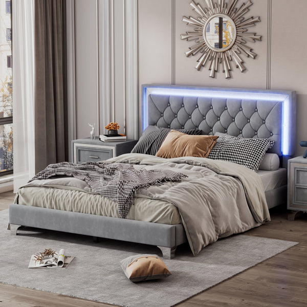 Queen Size Upholstered Bed Frame with LED Lights,Modern Velvet Platform Bed with Tufted Headboard,Gray