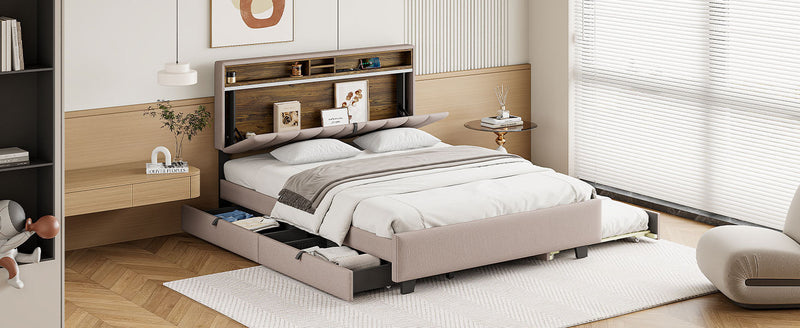 Queen size Upholstered Platform Bed with Storage Headboard, Twin XL Size Trundle & 2 drawers and a set of Sockets & USB Ports, Linen Fabric, Beige