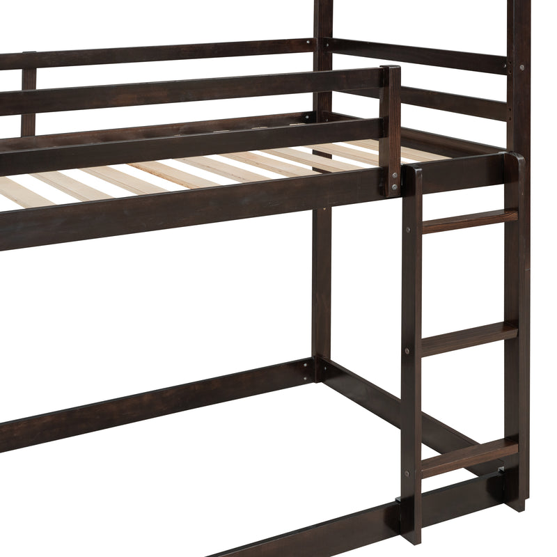 Twin Over Twin Bunk Bed with Roof, Slide and Ladder, Espresso