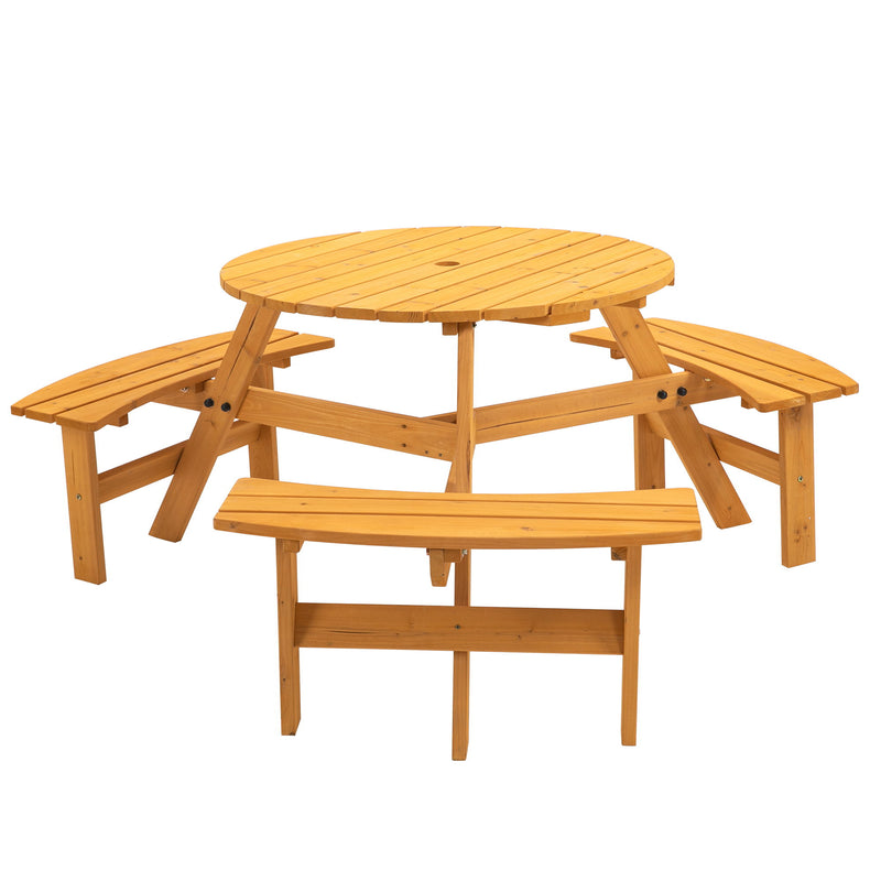 6 Person Circular Outdoor Wooden Picnic Table For Patio, Backyard, Garden, Diy With 3 Built-In Benches, 1720Lb Capacity