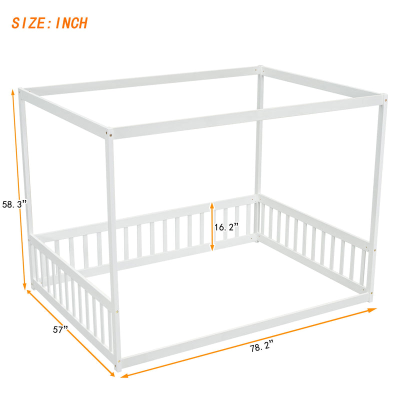 Canopy Frame Floor Bed With Fence, Guardrails