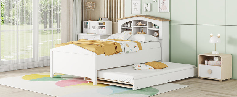 Twin Size Wood Platform Bed with House-shaped Storage Headboard and Trundle, White