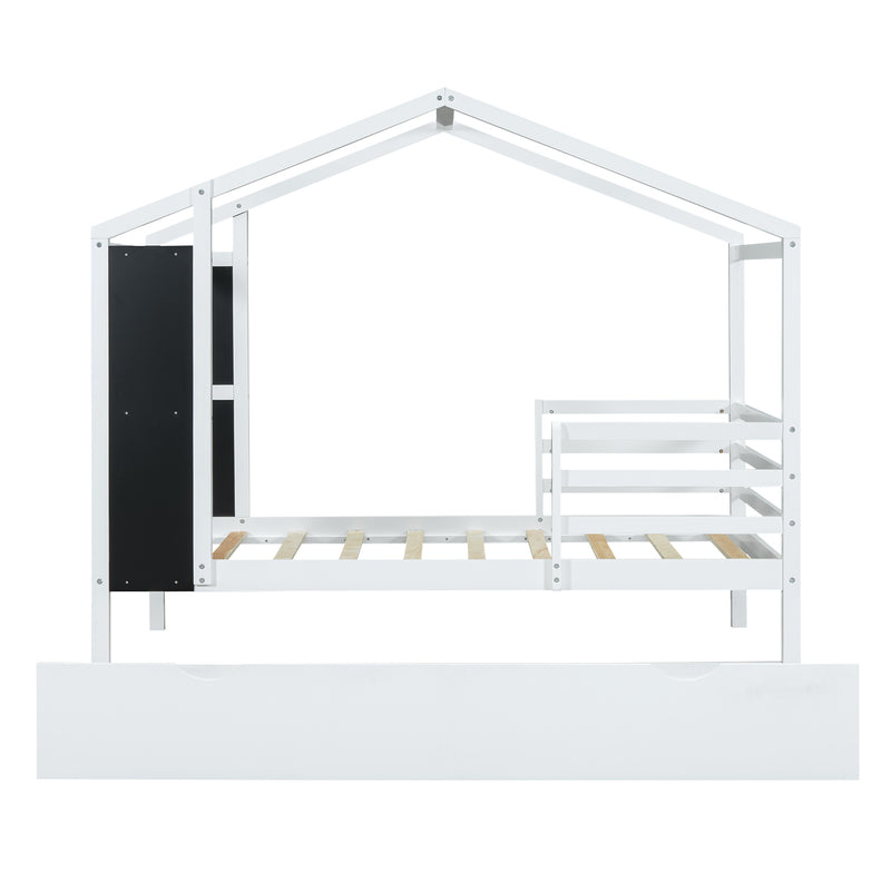 Twin Size Wood House Bed with Fence and Writing Board, White