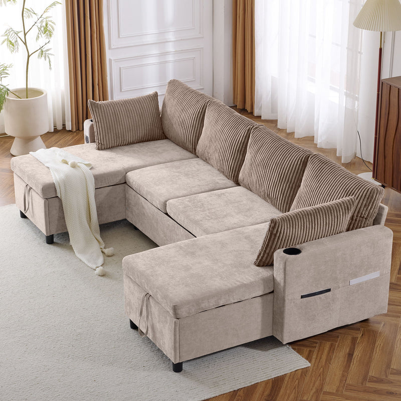 Sectional Sofa Pull Out Sofa Bed Versatile Sofa Sleeper With Large Storage Space, Two USB Ports And Two Cup Holders For Living Room