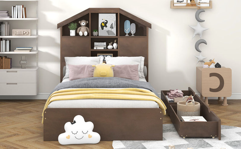 Twin Size Wood Platform Bed with House-shaped Storage Headboard and 2 Drawers, Walnut