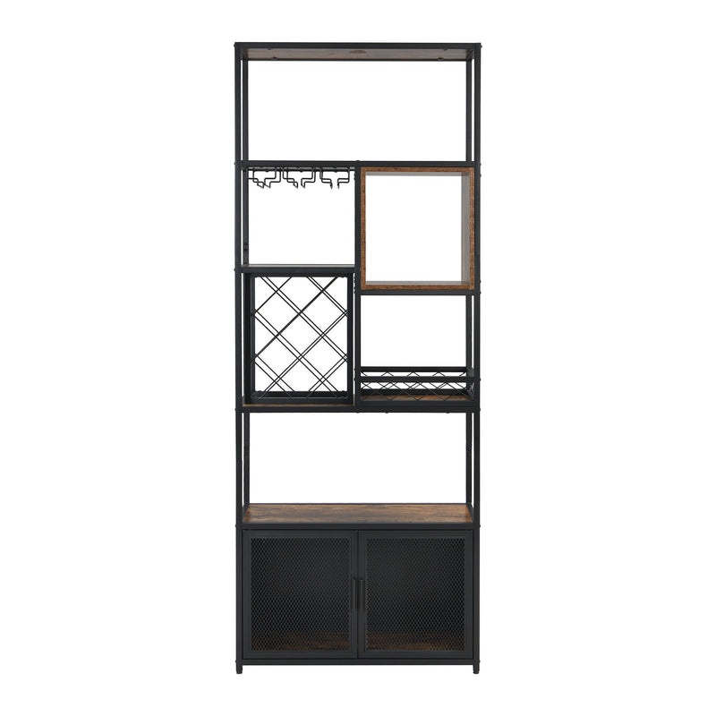 Industrial Tall Black Bar Wine Rack Cabinet With Glass Holder Wood Home Bar Cabinet - Walnut / Black