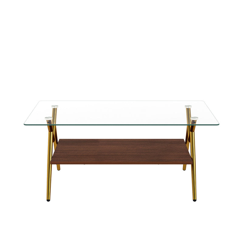 Rectangle Coffee Table With Tempered Glass Top And Shelf, Modern Table For Living Room