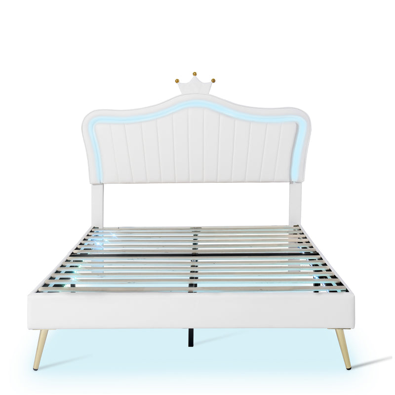 Queen Size Upholstered Bed Frame with LED Lights,Modern Upholstered Princess Bed With Crown Headboard,White