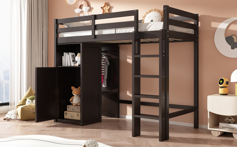 Twin Loft Bed with Wardrobe, Storage Shelves and Ladder, Espresso