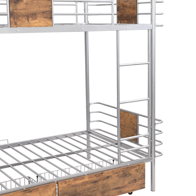 Twin XL over Twin XL Metal Bunk Bed with MDF Board Guardrail and Two Storage Drawers,Silver