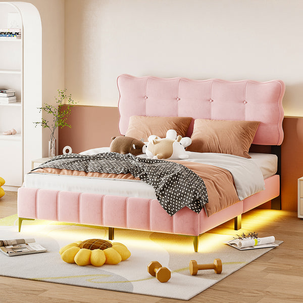 Queen Size Velvet Platform Bed with LED Frame and Stylish Mental Bed Legs, Pink