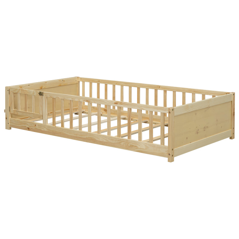 Twin size Floor Platform Bed with Built-in Book Storage Rack, Door,Natural