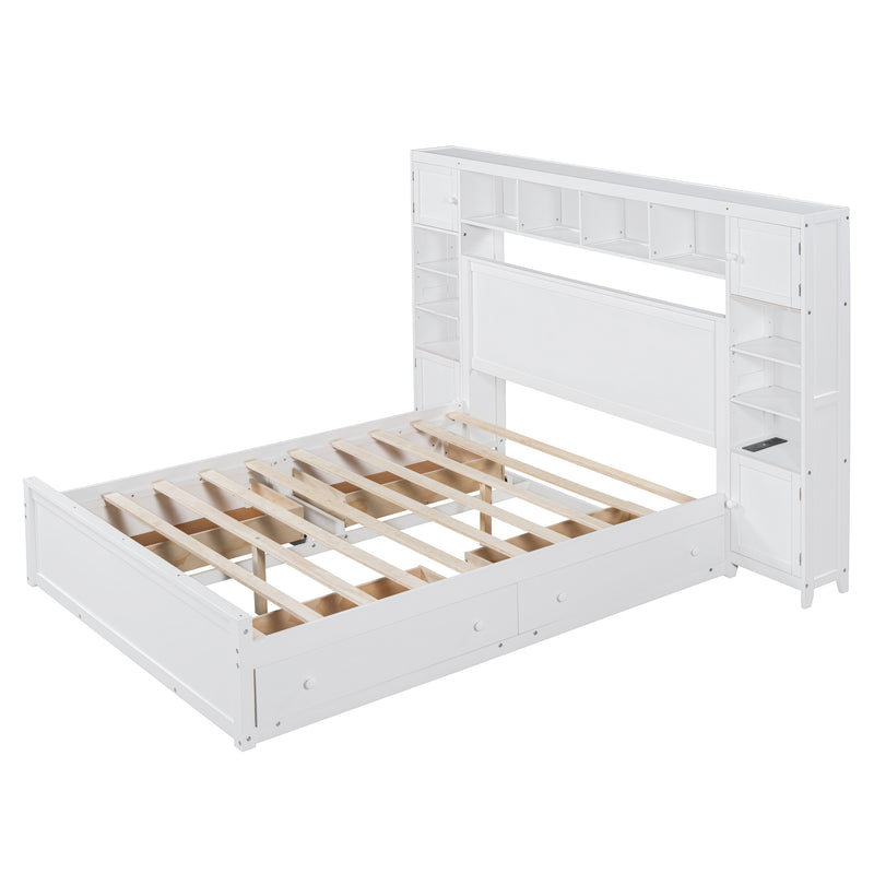 Queen Size Wooden Bed With All-in-One Cabinet, Shelf and Sockets, White