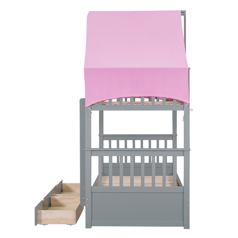 Twin Over Twin Bunk Bed Wood Bed with Tent and Drawers, Gray+Pink Tent