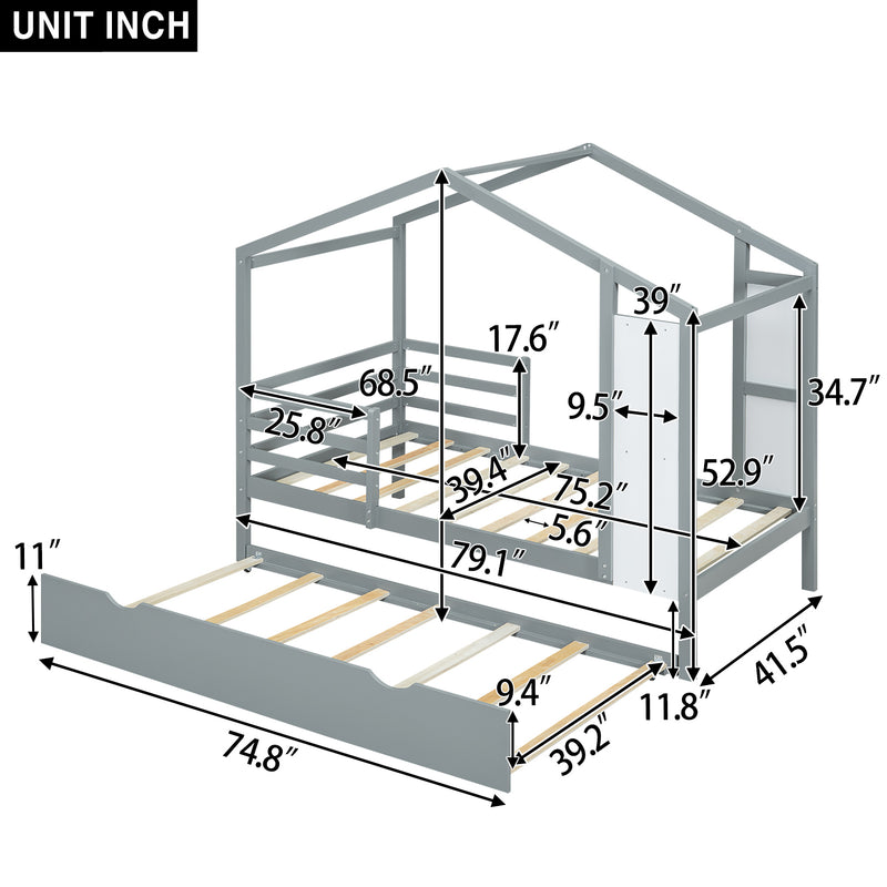 Twin Size Wood House Bed with Fence and Writing Board, Gray