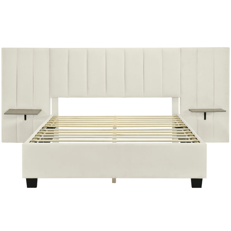 Queen Size Upholstered Platform Bed with Big Headboard, Bedroom Furniture, Velvet, Beige