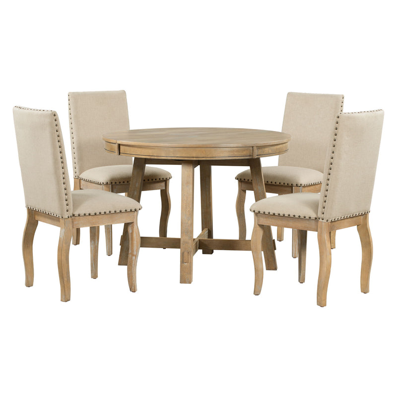 Farmhouse Dining Table Set Wood Round Extendable Dining Table And Upholstered Dining Chairs