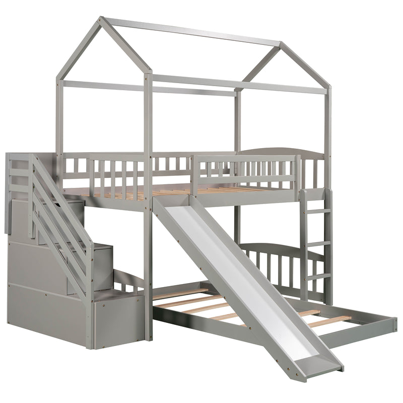 Twin Over Twin Bunk Bed with Two Drawers and Slide, House Bed with Slide, White(OLD SKU :LP000129AAE)