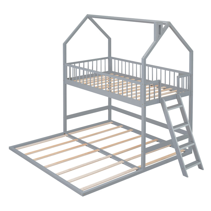 Twin Over Twin-Twin House Bunk Bed with Extending Trundle and Ladder