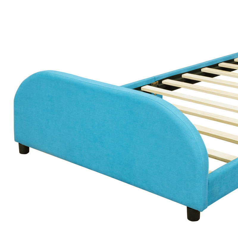 Twin Size Upholstered Platform Bed with Cloud-Shaped Headboard and Embedded Light Stripe, Velvet, Blue