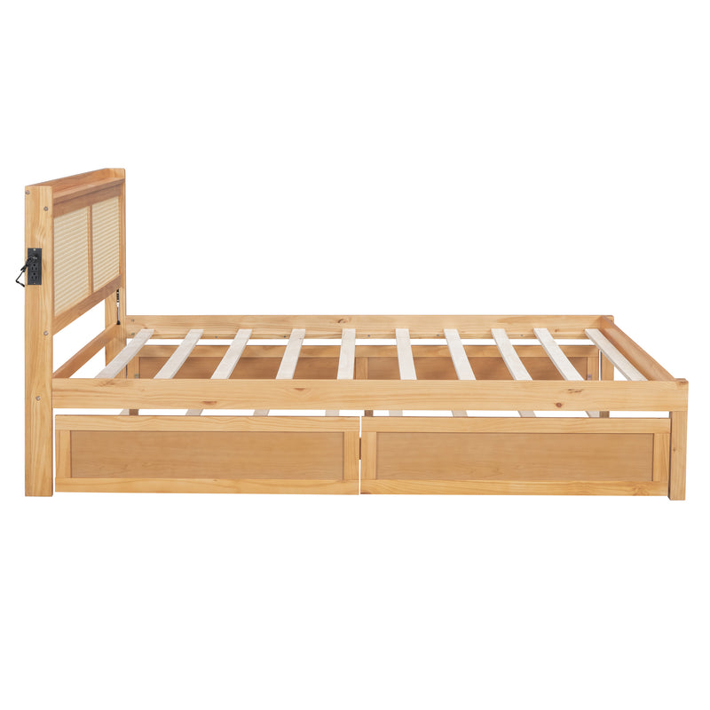 Queen Size Elegant Bed Frame with Rattan Headboard and Sockets ,Walnut