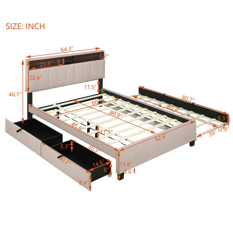 Queen size Upholstered Platform Bed with Storage Headboard, Twin XL Size Trundle & 2 drawers and a set of Sockets & USB Ports, Linen Fabric, Beige