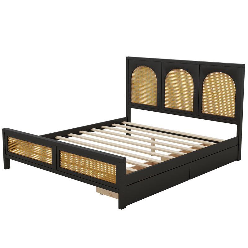 Queen Size Wood Storage Platform Bed with 2 Drawers, Rattan Headboard and Footboard, Black