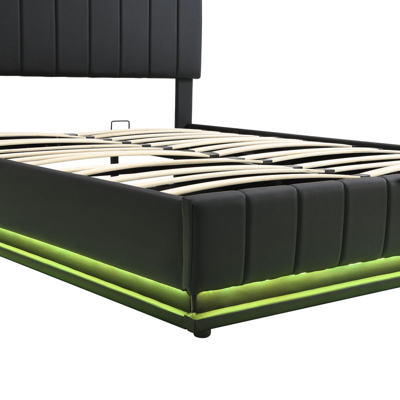 Queen Size Upholstered Bed With Hydraulic Storage System And LED Light, Modern Platform Bed With Sockets And USB Ports