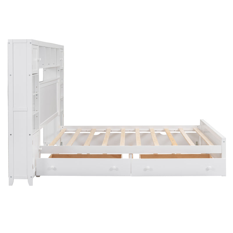 Queen Size Wooden Bed With All-in-One Cabinet, Shelf and Sockets, White