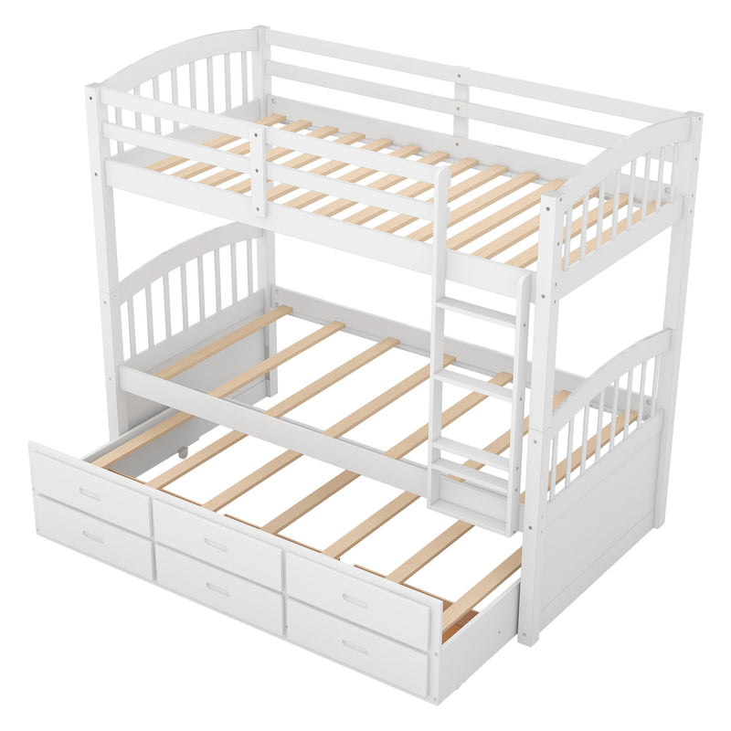 Twin over Twin Wood Bunk Bed with Trundle and Drawers,White